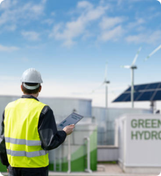 Worker in a high-visibility yellow vest and hard hat inspecting a green hydrogen facility, with industrial equipment in the background