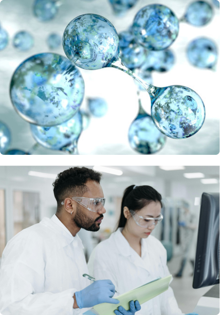 Molecular or bubble-like spheres in shades of blue, creating an abstract scientific visualization