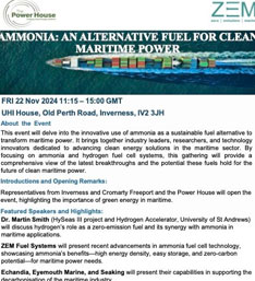 Event flyer titled 'Ammonia: An Alternative Fuel for Clean Maritime Power' featuring a container ship. Details include event date, time, location, and speakers
