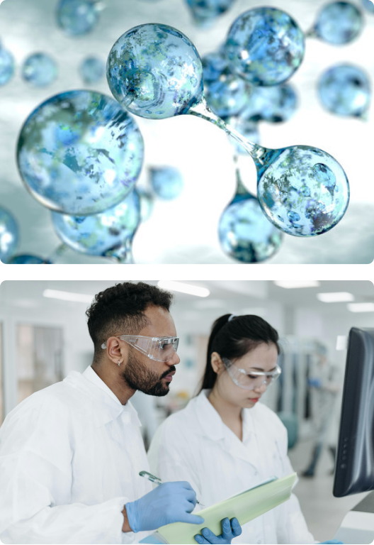 Molecular or bubble-like spheres in shades of blue, creating an abstract scientific visualization